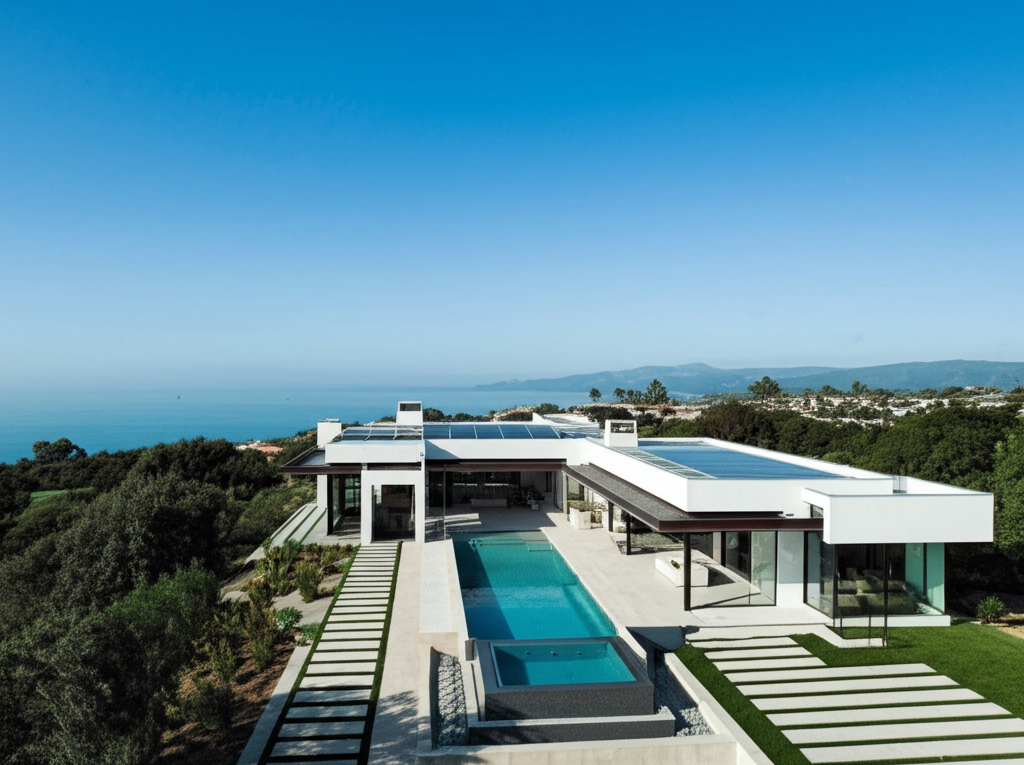 Modern fire-resistant luxury home with steel construction, white stucco, and ocean view